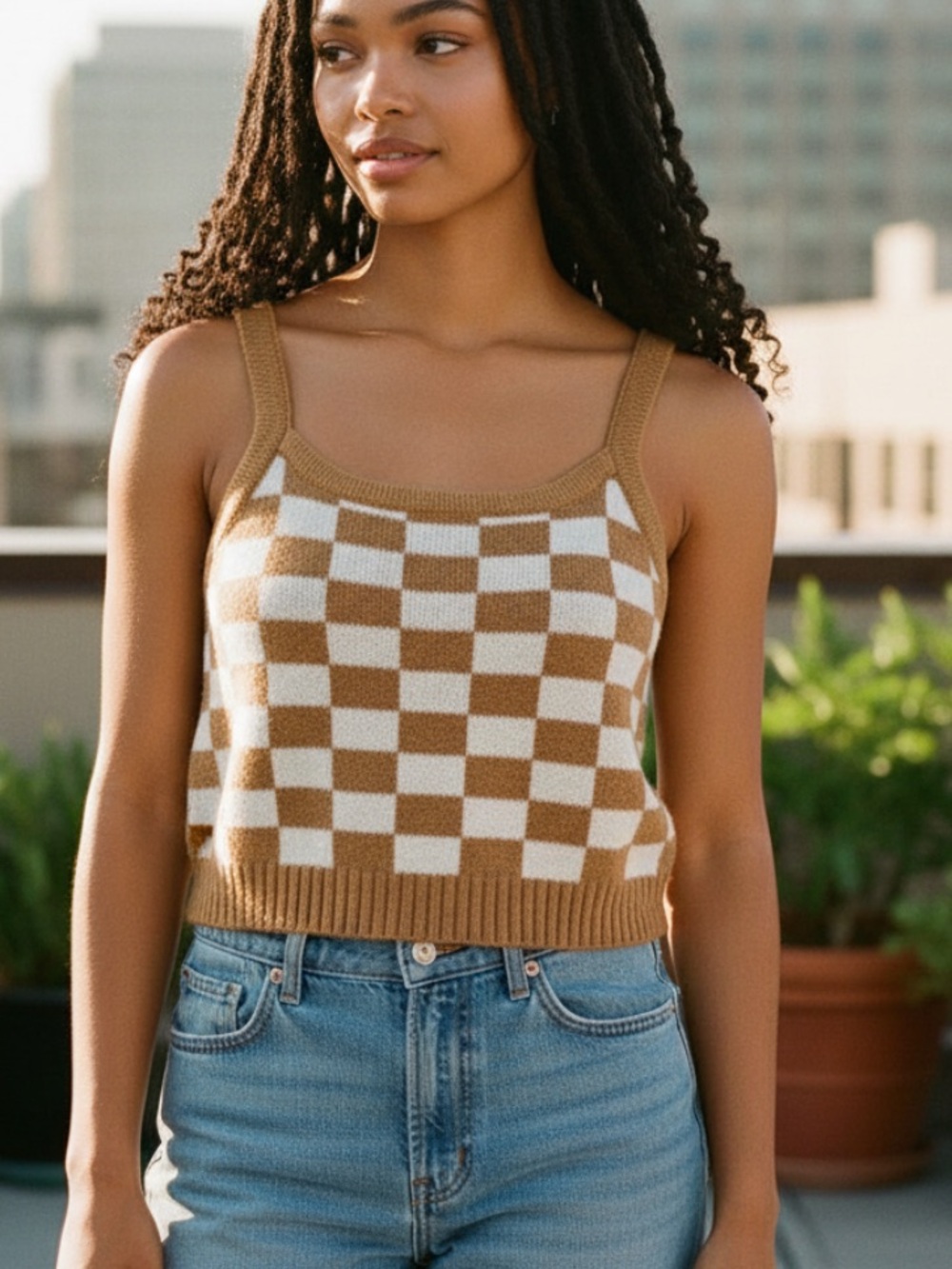 Hazel Moon Womens XS Checkered Crop Sweater Tank Coffee Toffee Cream Wooly